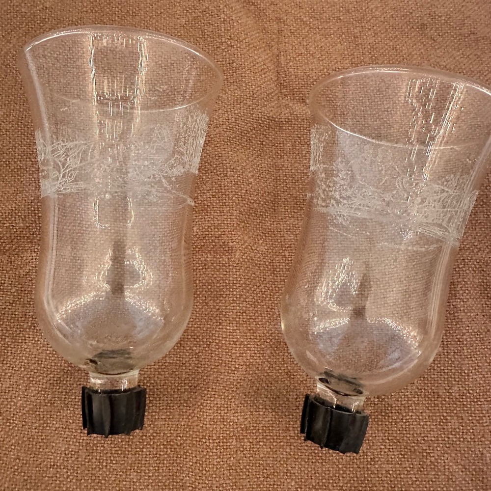 Vintage Hurricane Candle Chimney Pair Clear Excellent Etched Sleigh Scene Hoco
